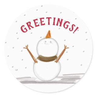 GREETINGS Falling Snow And Snowman  Classic Round Sticker