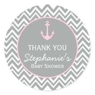 Grey and Pastel Pink Chevron Nautical Baby Shower Classic Round Sticker