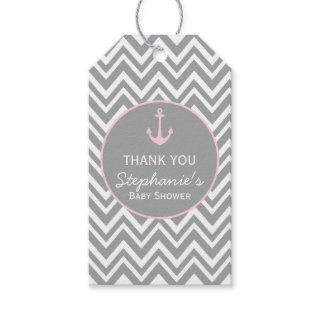 Grey and Pastel Pink Chevron Nautical Baby Shower Gift Tags