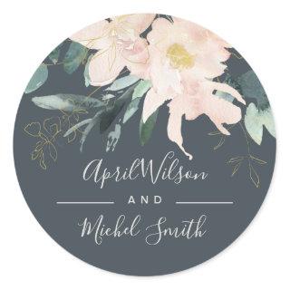 GREY BLUSH GOLD FLORAL BUNCH WATERCOLOR WEDDING CLASSIC ROUND STICKER