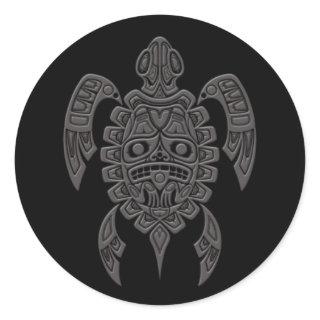 Grey Haida Spirit Sea Turtle on Black Classic Round Sticker
