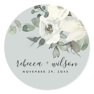 GREY IVORY WHITE FLORAL WATERCOLOR BUNCH WEDDING CLASSIC ROUND STICKER