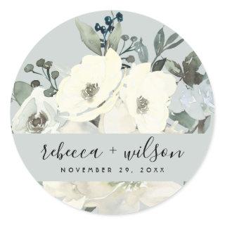 GREY IVORY WHITE FLORAL WATERCOLOR BUNCH WEDDING CLASSIC ROUND STICKER