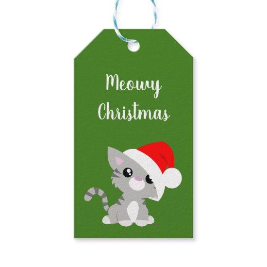 Grey Meowy Christmas Kitty Gift Tags