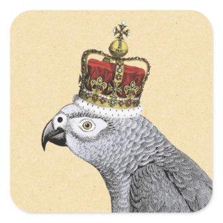 Grey Parrot with Royal Crown Square Sticker