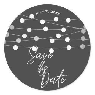 Grey Silver String Lights Wedding Save the Date Classic Round Sticker