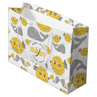 Grey Whale & Blowfish Cartoon Baby Monogram Large Gift Bag