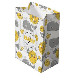 Grey Whale & Blowfish Cartoon Baby Monogram Medium Gift Bag