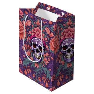 Grinning Goth Skull Gothic Damask Floral Pattern Medium Gift Bag