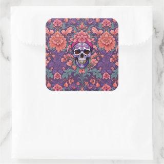 Grinning Goth Skull Gothic Damask Floral Pattern Square Sticker