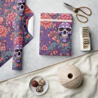 Grinning Goth Skull Gothic Damask Floral Pattern