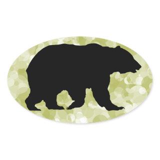 Grizzly Bear Black Silhouette Mottled Green Oval Sticker