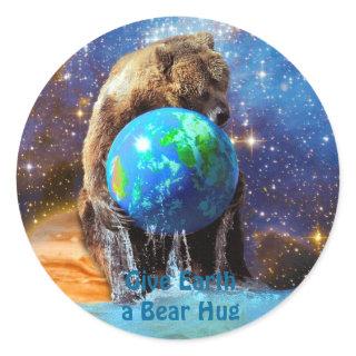 Grizzly Bear Hugging Planet Earth Day Classic Round Sticker