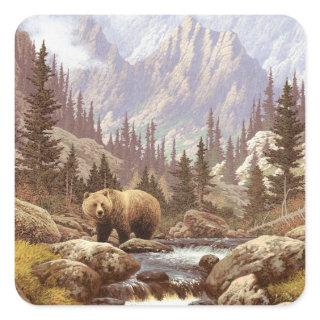 Grizzly Bear Landscape Square Stickers