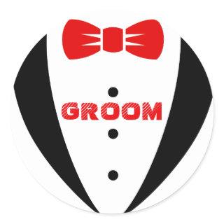 Groom Tex-Black Tuxedo & Red Bowtie Classic Round Sticker