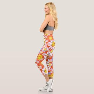 Groovy Daisy Floral Checkerboard, Y2K 90s  Capri Leggings