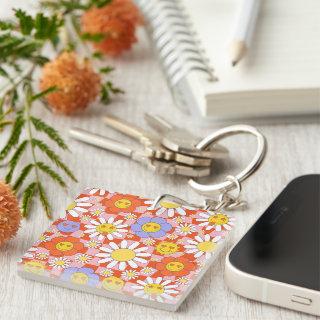 Groovy Daisy Floral Checkerboard, Y2K 90s  Keychain