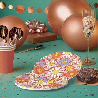 Groovy Daisy Floral Checkerboard, Y2K 90s Paper Plates