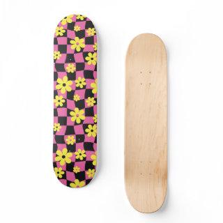 Groovy Daisy Floral Checkerboard, Y2K 90s   Skateboard