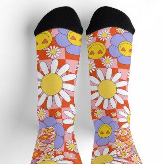 Groovy Daisy Floral Checkerboard, Y2K 90s Socks