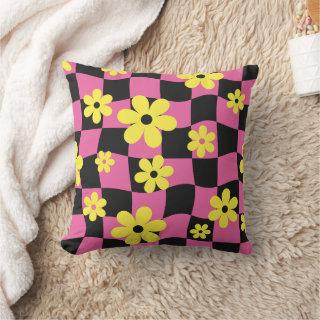 Groovy Daisy Floral Checkerboard, Y2K 90s Throw Pillow