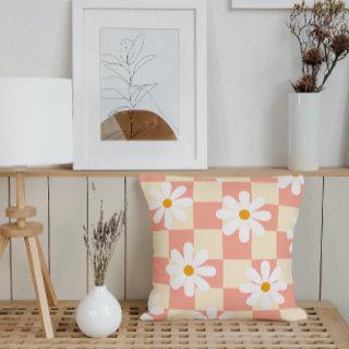 Groovy Daisy Floral Checkerboard, Y2K 90s Throw Pillow