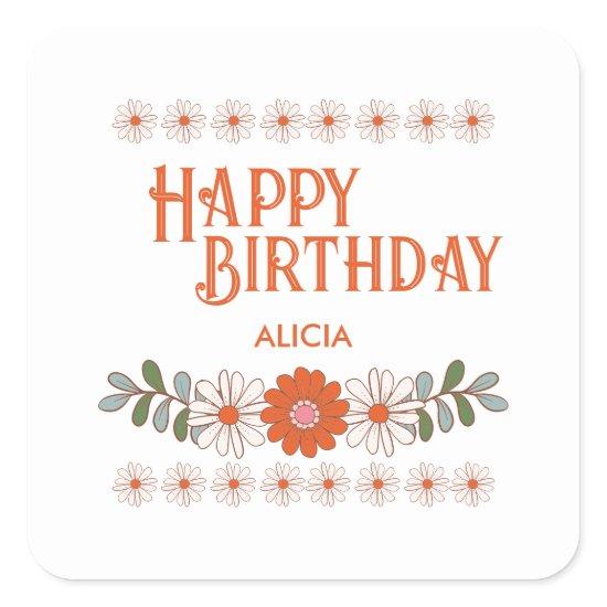 Groovy Daisy Hippie Flora Leaf Happy Birthday Square Sticker