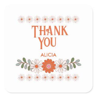 Groovy Daisy Hippie Flora Leaf Thank You Square Sticker