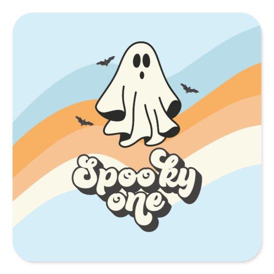 groovy Ghost retro Halloween Spooky One Blue Square Sticker