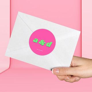 Groovy Monogram Pink Teal Lime Green Retro Wedding Classic Round Sticker