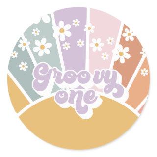 Groovy One Retro Sunshine Rainbow Daisy Classic Round Sticker