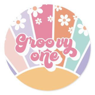 Groovy One Retro Sunshine Rainbow Daisy Classic Round Sticker