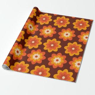 Groovy retro 70s boho hippie orange flower pattern