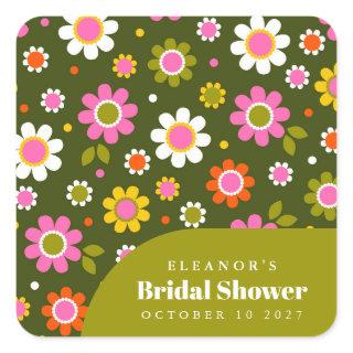 Groovy Retro Flowers Olive Bridal Shower Custom Square Sticker