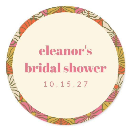 Groovy Retro Orange Botanical Bridal Shower Custom Classic Round Sticker