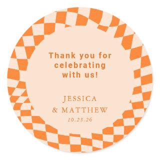 Groovy Retro Orange Check Wedding Custom Thank You Classic Round Sticker