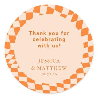 Groovy Retro Orange Check Wedding Custom Thank You Classic Round Sticker