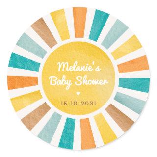 Groovy Sunshine Here Comes the Son Boy Baby Shower Classic Round Sticker