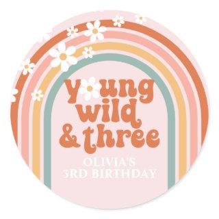 Groovy Young Wild Three daisy rainbow 3rd birthday Classic Round Sticker