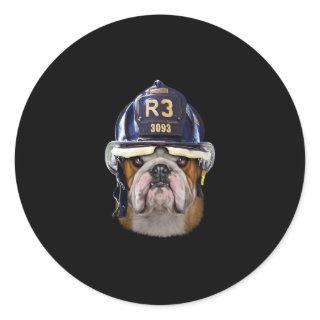 Grumpy English Bulldog Wearing Firefighter Helmet Classic Round Sticker