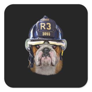 Grumpy English Bulldog Wearing Firefighter Helmet Square Sticker