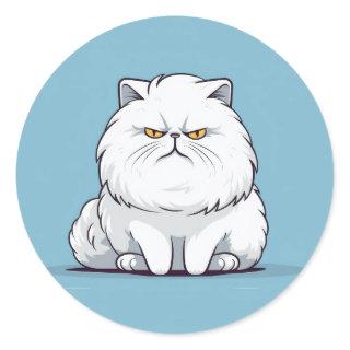 Grumpy Fat White Cat on a Blue Background Classic Round Sticker