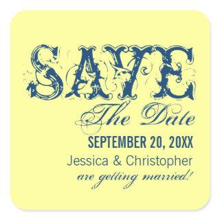 Grunge Typography Save the Date Stickers, Blue Square Sticker