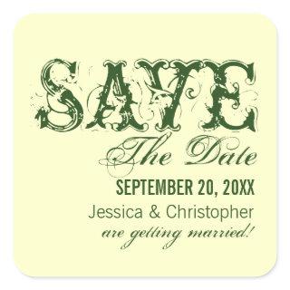 Grunge Typography Save the Date Stickers, Green Square Sticker