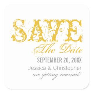 Grunge Typography Save the Date Stickers, Yellow Square Sticker