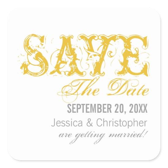 Grunge Typography Save the Date Stickers, Yellow Square Sticker