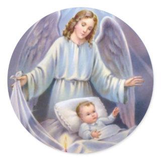 Guardian Angel with Baby in Crib Classic Round Sticker