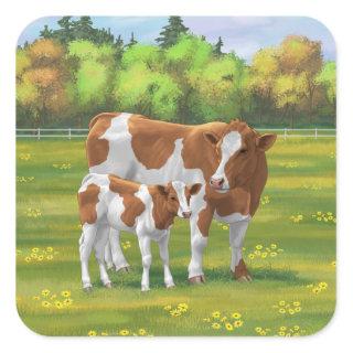 Guernsey Cow & Cute Calf in Summer Pasture Square Sticker