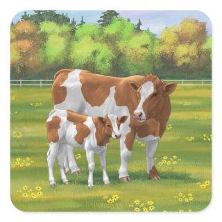 Guernsey Cow & Cute Calf in Summer Pasture Square Sticker