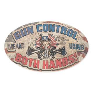 Gun Control Means Two Hands Retro Oval Sticker